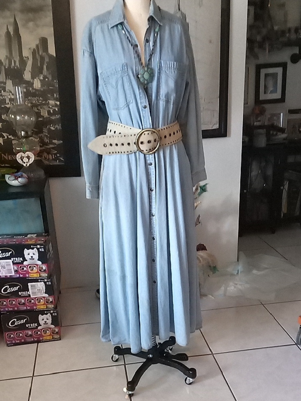 Vintage Casual Light Blue Denim Long-Sleeve Shirt Dress More Like A Medium